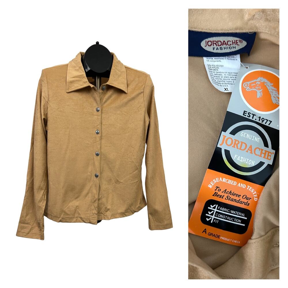 1990s NWT Jordache Tan Faux Suede Button Up Blouse Shirt / Women’s XL